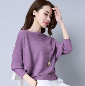 Wanita dikait kelawar panjang Sweater Top Plain warna Sweater Baju panjang panjang