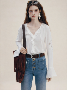 FAMANXUAN | French Embroidered Hollow Lace White Flounce Cuff Shirt
