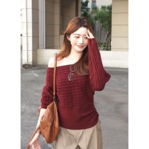 YUEZHONGWEI | Asymmetric Off-Shoulder Long Sleeve Knit Sweater