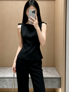 NINGXI | Elegant Slim Minimalist Black Sleeveless Waist-Cinching Top and High-Waisted Flared Pants Suit