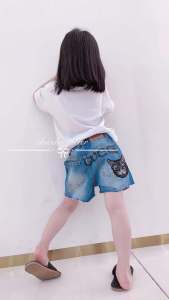 Fashionable Cat Print Elastic Waist Denim Shorts for Girls Summer Clothing Kids Jeans Versatile Frayed Hem Trendy Cat Pants