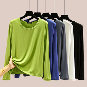 Modal Long Sleeve round Neck T-Shirt Womens Spring Summer Casual Versatile Top Thin Pure Color Outerwear Base Layer Shirt