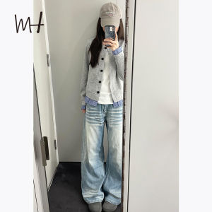 American Washed Blue Wide Leg Denim Jeans Womens Loose Slimming Drapey Straight Floor-Length Pants High Waist Casual Style