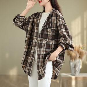 Export Export Big Brand Big Sale Cotton Brushed Plaid Hooded Jacket Casual Tops Womens Loose Long Sleeves Shirt Thin