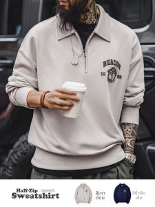 MADEN | Retro 3D Embroidered Half Zip Polo Shirt for Men Autumn