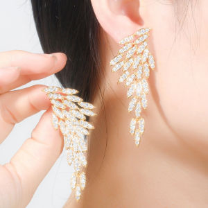 SEQUITO Vivid Symmetric Wing Shape Bridal Wedding Long Dangle Drop Earrings Gold Plated Full Pave Sparkling Tiny AAA Cubic Zircon Delicate Women Jewelry SE663