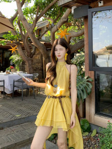 CHOEFULYN | Slimming Irregular Sleeveless A-Line Neckline Summer Dress Yellow
