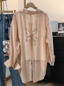 เสื้อเชิ้ตผู้หญิงคอโปโลแขนยาวทรงหลวมสไตล์เกาหลีผ้าผสมลินินบางสไตล์หลวมๆ ป้องกันแสงแดดสำหรับใส่ไปทำงาน