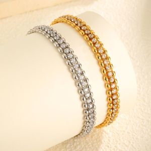 Kemstone Stainless Steel Double Row Olive Bead White Zircon Vintage Elegant Adjustable Bracelet Jewelry Gift for Women