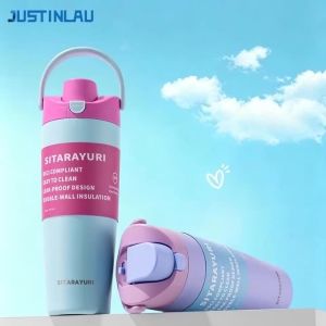 SITARAYURI Stainless Steel Insulated Bottle 900ML Double Drink Straw Thermos Cup Leak-proof Outdoor Sports Car Cups Hot Cold