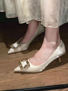 Elegant French Pointed Toe Single Shoes Satin Dress Shoes with Rhinestone Square Buckle High Heels Womens Thin Heel Wedding Shoes Bridesmaid Shoes