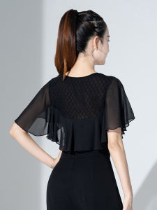 Womens Latin Dance Top Hollow out Short Sleeve Gitterbae Style Dancewear V-Neck Polyester Fabric for Samba Rumba Cha-cha