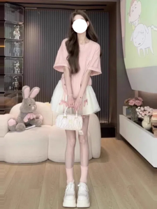 Sweet Korean Drama Style Two-Piece Set Summer Short Sleeve High Waist A-Line Princess Dress Fresh Pure Fashion Design Womens Dress