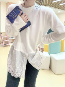 เสื้อยืดแขนยาวผู้หญิงฤดูใบไม้ร่วง/ฤดูหนาว ทรงหลวม ผ้าเดนิม ลายดอกไม้ คอตั้ง เสื้อชั้นในสีขาว ทรงหลวม แขนยาว ลายดอกไม้ ผ้าเดนิม