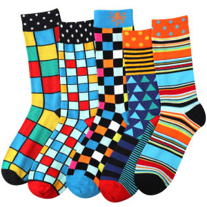 ถุงเท้าผู้ชายลายเรขาคณิตหลากสี 5 คู่ ถุงเท้ากีฬาระบายอากาศแฟชั่น ถุงเท้าลำลองใส่สบาย เหมาะสำหรับใส่ทุกวันทุกฤดู