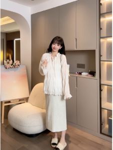 ShanTao Muse Nana Maternity Wear Gentle Shiny Chiffon Top And Skirt Ensemble for Spring Autumn Korean Style Long Sleeve V-Neck Knitted Dress