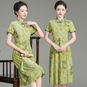 Slimming Effect Young Mom Summer New Style Qipao Dress Mid-aged Women Fashionable plus Size Belly Covering Slimming Dress