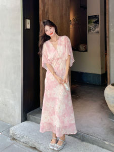 Pink French Style Printed Chiffon Dress Slimming High Waist A-Line Summer Dress Korean Style Commute Short Sleeve V-Neck