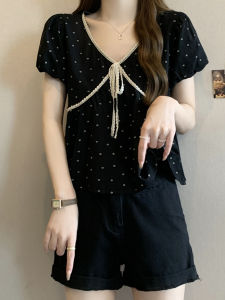 Plus Size Loose-Fit Patchwork Lace Polka Dot Short Tops Womens Summer Fat Sister mm Retro V-neck Puff Short Sleeve Shirt
