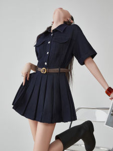 XIAODADEHUA | Deep Blue Retro Ruffle Polo Collar Short Sleeve Jeans Dress Cinched Waist