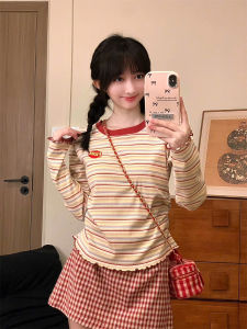 Original Homemade Offset Printing Letters Long Sleeves Female Patchwork Contrast Color Stripes round Neck T-shirt Sweet Girl Curling Short Bottoming Shirt