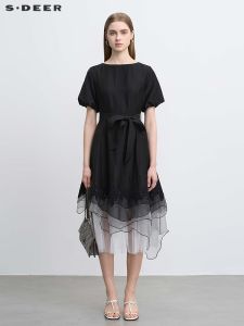 Sdeer New Womens Irregular Organza Short Sleeve Dress Flowing Metal OL Style Summer Fashion Commute Lace Embroidery A-Line Skirt