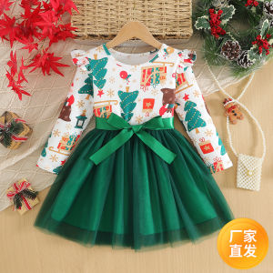Christmas Theme Polka Dot Dress with Bow Design Korean Style Long Sleeve Polo Skirt for Girls Autumn Season Cotton Polyester Blend
