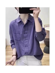 เสื้อเชิ้ตคอโปโลแขนยาวทรงหลวมสไตล์เกาหลีสำหรับผู้หญิง ผ้าฝ้าย ทรงหลวม กระดุมคู่ สไตล์ฤดูใบไม้ผลิ