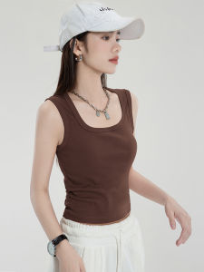 Áo Vest Ôm Vừa Vặn Cổ Vuông Vai Rộng Màu Nâu Mỹ Mùa Hè 2025 Áo Vest Nữ Cổ Điển Màu Trơn Mặc Trong Quần Áo Công Sở