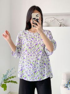 Pure ผ้าฝ้าย ผ้าไหม เสื้อยืดแขนสั้นผู้หญิง ฤดูร้อน หลวม แขนห้าบาง พลัสไซส์ ประดิษฐ์ ผ้าฝ้าย เสื้อท่อนบน คอกลมขนาดใหญ่