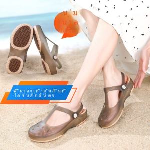 Jdov ผู้หญิง ฤดูร้อน รองเท้าแตะส้นหนา กันลื่น รองเท้าแตะชายหาดสวมใส่กลางแจ้งหัวเยลลี่ป้องกันกลิ่น ลำลอง ส้นแบนสีบริสุทธิ์