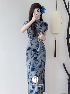 Traditional Blue Chinese Style Qipao Floral Dress
