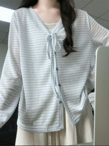 Blue Striped V-Neck Belted Butterfly Knot Long Sleeve Open Cardigan Womens Early Autumn Korean Style Lazy Loose Feeling Top