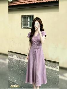 NIUVIES | Đầm eo cinched slimming cổ V màu tím