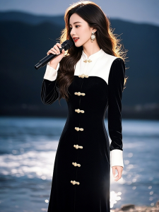 Elegant Black Velvet Dress Womens Fashionable Chinese Style Winter 2025 High-End Sensation Midi Dress Commute Loose Fit Long Sleeve