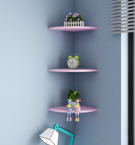 ตู้ครัวมุมไม้ตกแต่งห้องนอนแบบติดผนังไม่ต้องเจาะ ชั้นวางหนังสือสามเหลี่ยม แผงสำหรับติดผนังแบบกลีบพัด