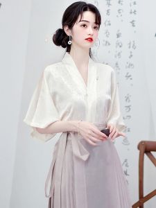 New Chinese Style Womens Short Sleeve Shirt Matched with Ma Face Skirt Traditional Hanfu Collar Cotton Top Summer Fashion