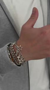 SHIXIN Trendy Multi Layer Stackable Cuban Chain Bracelet Men Hip Hop Pentagram Jesus Cross Rivet Pendant Bracelet Punk Jewelry