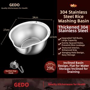 GEDO | Multifunctional Stainless Steel Colander for Rice Washing and Vegetable Cleaning
