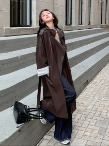 Chic Brown Long Protein Leather Coat Womens Autumn New Style British Style Windbreaker Jacket Casual Commute Loose Fit PU Coat