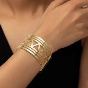 Fashion Golden Color Minimally Hollowed Wide Bracelet for Women Creative Opening Bracelet Trend Adjustable Cuff Bangle Jewelry