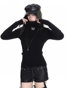 American Style High Collar Knitted Sweater Womens Spring Autumn Slim Butterfly Embroidery Early Autumn Base Shirt Top