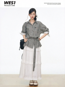 WESTAYONE | Black Plaid Lace-up Shirt White Lace Flounce Dress Set