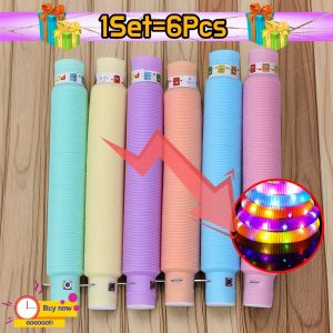 6-30Pcs/Pack PopTubes Lighted LED for Adult Kids Stress Relieve Toys Plastic Bellows Pull Stretch Tube Party Game Squeeze Toys