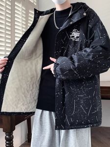 Thickened Fleece Mens Cotton Jacket Winter Trendy Korean Hat Hooded Cotton Coat Teenage Student Mens Clothing Cotton Suit