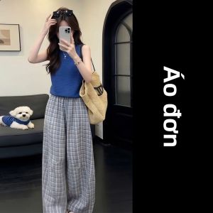 ZHENMANZI | Bộ Quần Áo Thời Trang Hàn Quốc Phong Cách Dễ Thương: Áo Tank Xanh & Quần Ống Rộng Caro Cho Người Bé Gọn