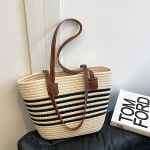Fashionable 2025 Straw Woven Tote Bag Large Capacity Commuter Beach Single Shoulder Bag Urban Minimalist Style Polyester Material