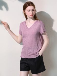 Miccbeirn | Pure Linen Knitted Short Sleeve T-Shirt Womens Comfortable Cool Simple Summer New Style Solid Color V-neck Inner Wear Top