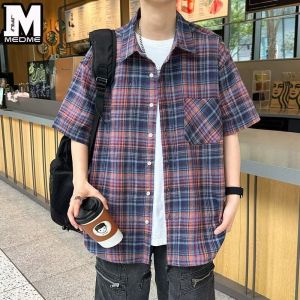 Checkered shirt mens summer casual loose jacket American trend thin style couple daily versatile retro plaid short sleeve shirt