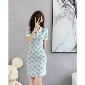 Elegant Blue Knitted Dress Polo Collar Anti-Aging Summer New Design High-End Feeling Midi Skirt Womens Fashion Silk Top